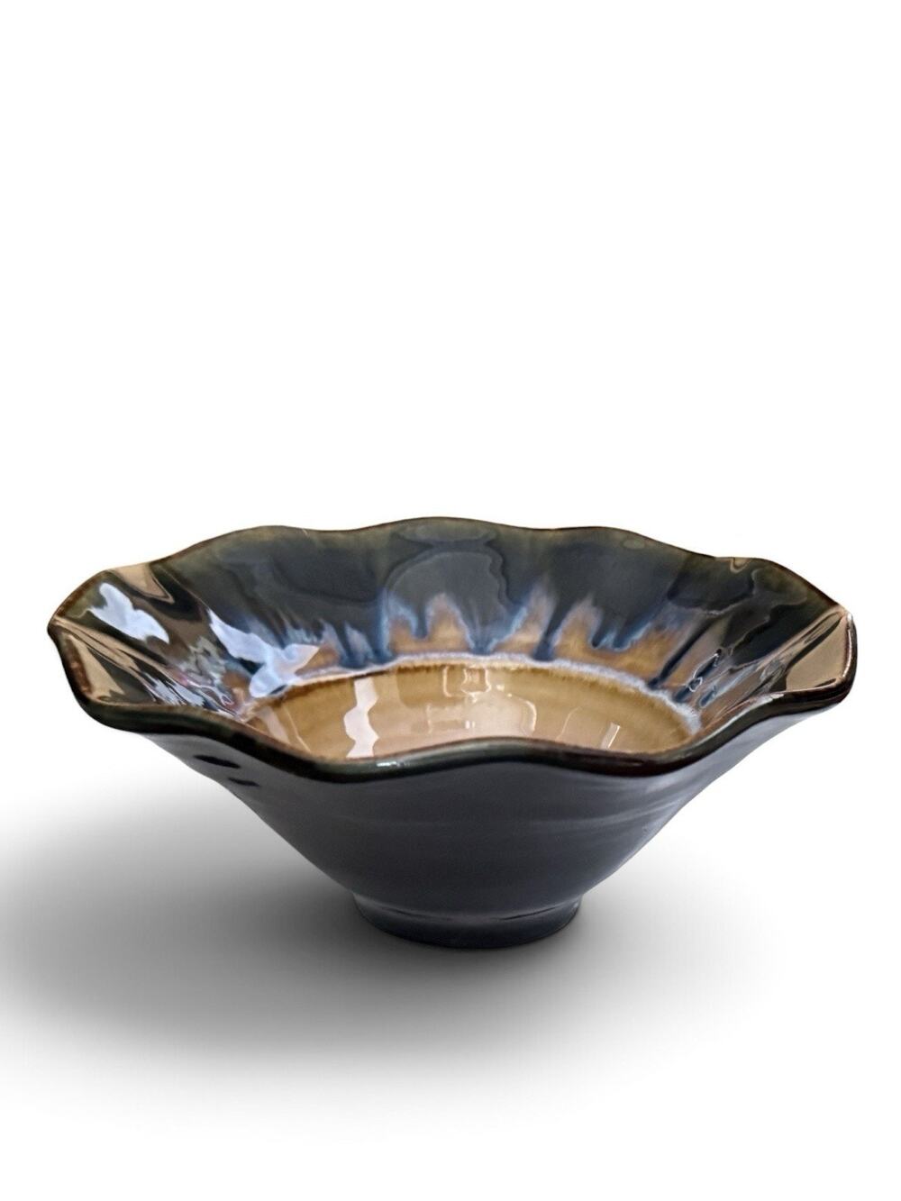 Bill Campbell Pottery 8 inch Lotus Bowl Blue Brown Cream Drip Glaze Signed